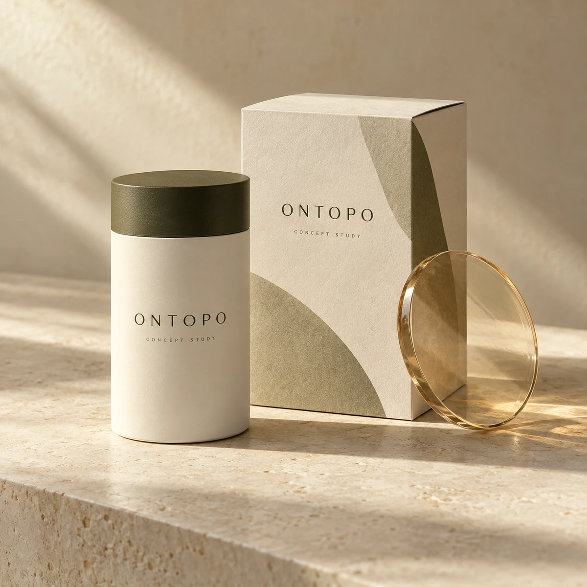 ONTOPO 品牌与产品创新概念:米白色包装与琥珀玻璃的材质组合。AI 概念设计。